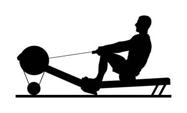 Spor adam spor salonu vektör siluet illüstrasyon Seated Cable Row yapıyor. Düşük kablo kasnak satır oturmuş. Fitness eğitmeni gösterisi. Simülatör spor makinesi kişisel eğitmen egzersiz. Sağlık.