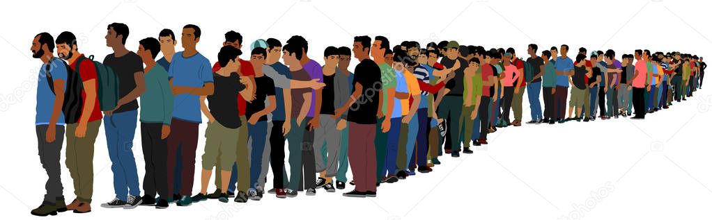 Group of people waiting in line vector isolated on white background. Group of refugees, migration crisis in Europe. Turkey war migration waves going to Schengen Area. Border situation in EU, or Mexico