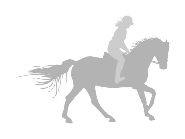 Beyaz arka plan üzerinde izole dörtnala vektör siluet zarif yarış atı. Jokey bayan ata biniyor. Hipodrom spor etkinliği. Eğlence kumar. 