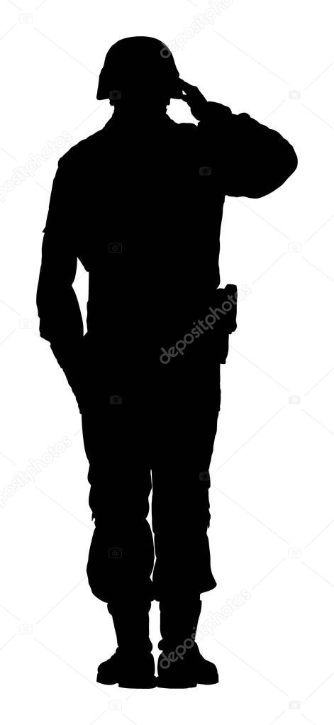 Saluting army soldier's silhouette vector isolated on white background.  (Memorial day, Veteran's day, 4th of july, Independence day). Special force member. Foreign legion commander captain.