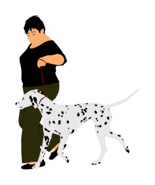 Sahibi kadın dalmaçyalı köpeği tasması üzerinde tutuyor. Sahne vektör izole şampiyon köpek çalışan kız. Köpek gösterisi sergisi. Evcil hayvan ile işten sonra rahatlayın. En iyi dost. Alarm, koruma dikkati. Çocuk sevgilisi.