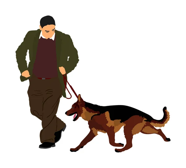 Właściciel Trzyma Psa Smyczy Owczarek Niemiecki Bieganie Mistrz Pies Ilustracji — Wektor stockowy