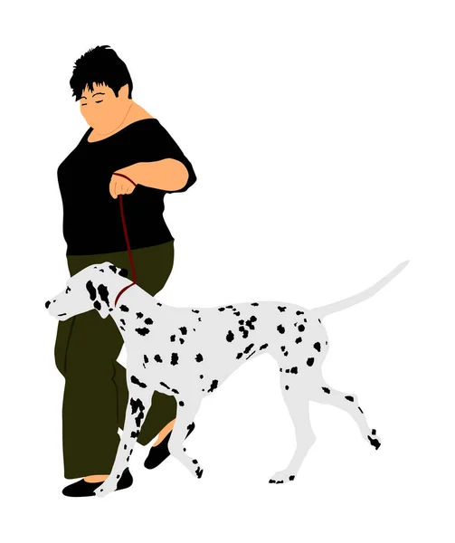 Власниця Тримає Далматинського Собаку Повідку Дівчина Біжить Собаці Чемпіоні Сцені — стоковий вектор
