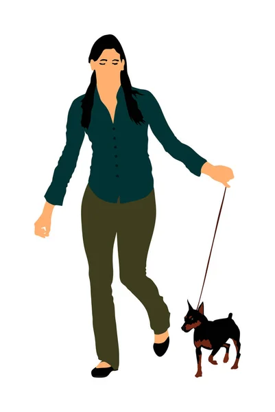 Propriétaire Femme Garde Miniature Pincher Chien Laisse Fille Courir Avec — Image vectorielle