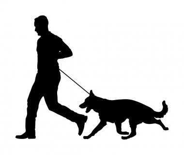 Sahibi köpeği tasmalı tutuyor. Alman Çoban koşu, şampiyon köpek vektör siluet illüstrasyon. Köpek gösterisi sergisi. Bulucu patlayıcı ları ve uyuşturucuları tespit etti. Hayatta kalmak bulmak için kurtarma faaliyet köpek