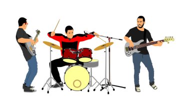 Rock and roll grubu vektör illüstrasyon. Müzisyen sahnede bas gitar ve davul çalar. Süper star müzik konser gösterisi. Fan destekçileri için büyük bir olay. Davulcu ve gitarist oyuncular.