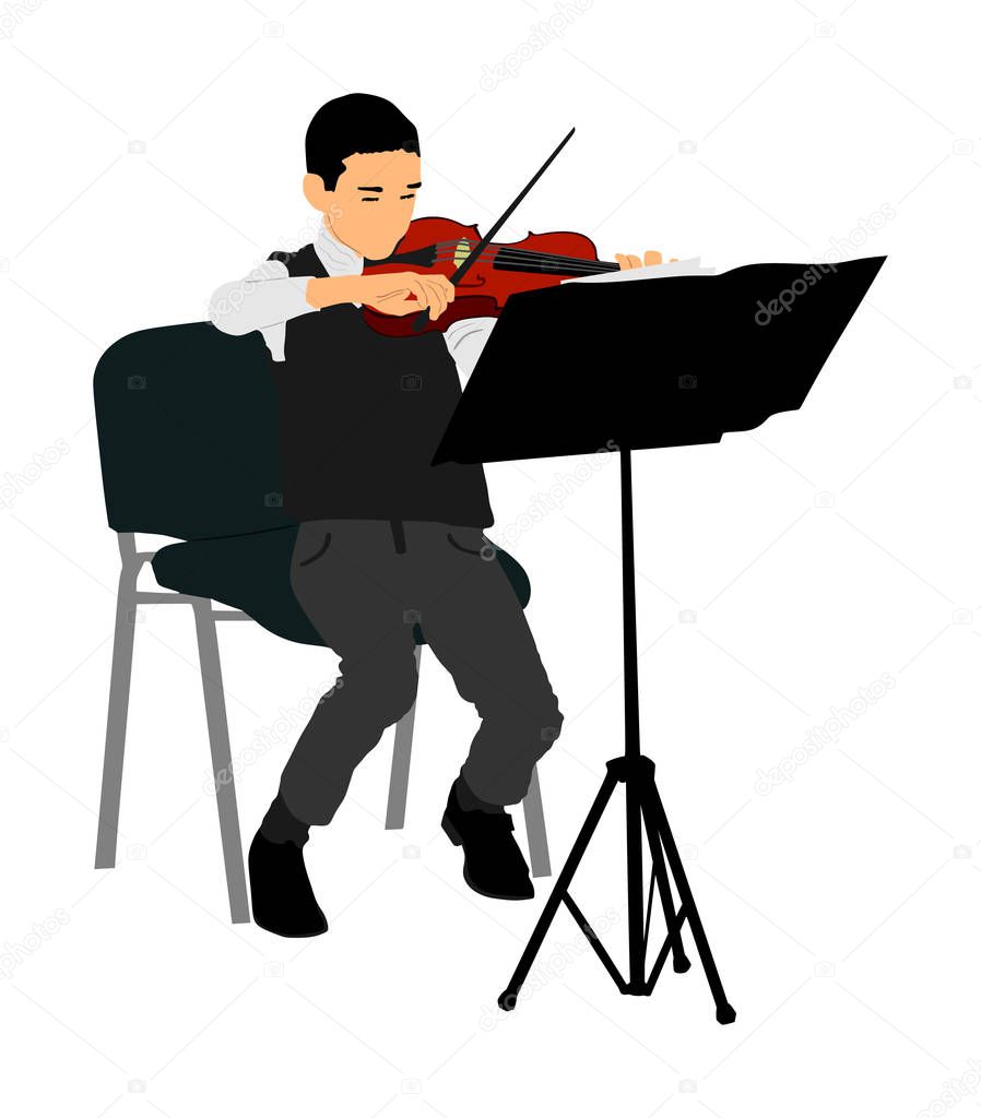 Young man playing violin vector illustration isolated on white background. Classic music performer concert. Musician artist amusement public. Virtuoso on violin. Boy plays string instrument.