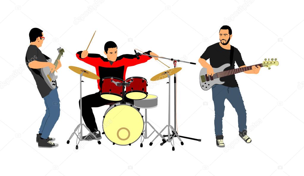Rock and roll band vector illustration. Musician play bass guitar and drums on stage. Super star music concert show. Great event for fan supporters. Drummer and guitarists players.