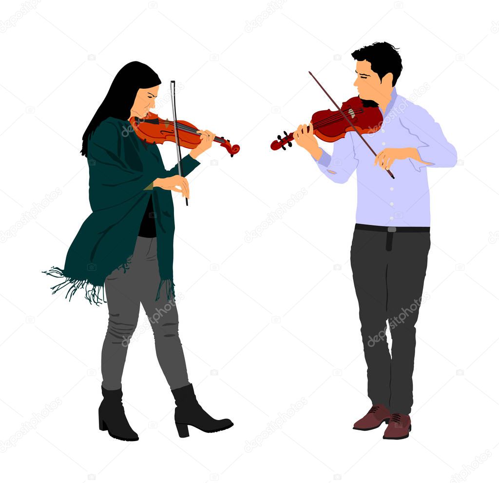 Young man and woman playing violin in duet vector illustration isolated on white. Classic music performer concert. Musician artist amusement public. Virtuoso on violin. Girl plays string instrument.