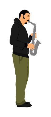 Saksafon oynatıcı vektör illüstrasyon. Müzik adamı nefesli çalgı çalıyor. Müzik sanatçısı. Caz cılız. Bugler sokak sanatçısı. Müzisyen trompet çalıyor. Halk için eğlence. Klasik müzik etkinliği.