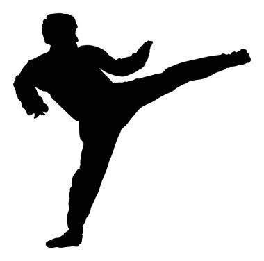 Taekwondo savaşçı vektör siluet illüstrasyon. Eğitim eylem üzerinde antreman. Kendini savunma becerileri, sanat egzersiz kavramı. Dövüş sanatları savaşında savaşçı. 