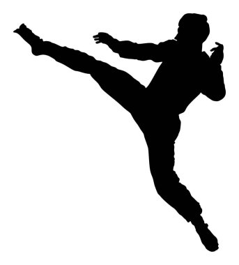 Taekwondo savaşçı vektör siluet illüstrasyon. Eğitim eylem üzerinde antreman. Öz savunma becerileri sanat egzersiz kavramı. Dövüş sanatları savaşında savaşçı. 