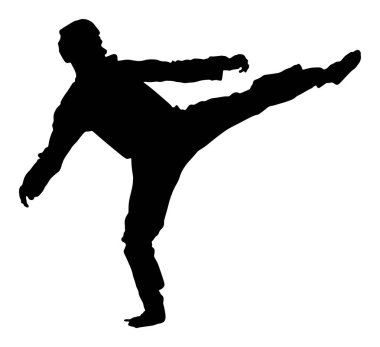 Taekwondo savaşçı vektör siluet illüstrasyon. Eğitim eylem üzerinde antreman. Öz savunma becerileri sanat egzersiz kavramı. Dövüş sanatları savaşında savaşçı. 