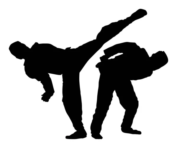 战斗之间的两个拳道战士矢量剪影插图 对训练行动进行争论 自卫技能锻炼理念 武侠战的勇士 — 图库矢量图片