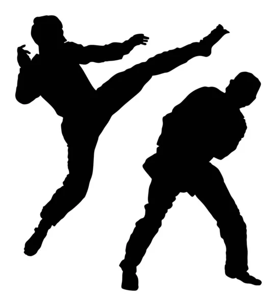 战斗之间的两个拳道战士矢量剪影插图 对训练行动进行争论 自卫技能锻炼理念 武侠战的勇士 — 图库矢量图片