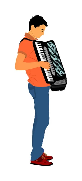 Fiatal Zenész Harmonikás Férfi Vektor Illusztráció Elszigetelt Fehér Háttérrel Zenei — Stock Vector