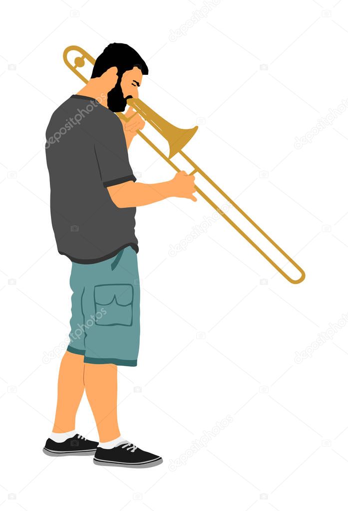 Trombone player vector illustration. Music man play wind instrument. Music artist. Jazz man. Bugler street performer. Musician play trumpet. Entertainment for public. Classic music event.