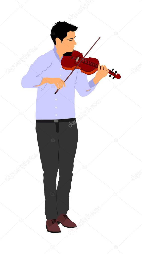 Young music man playing violin vector illustration isolated on white. Classic music performer concert. Musician artist amusement public. Virtuoso on violin. Boy plays string instrument.