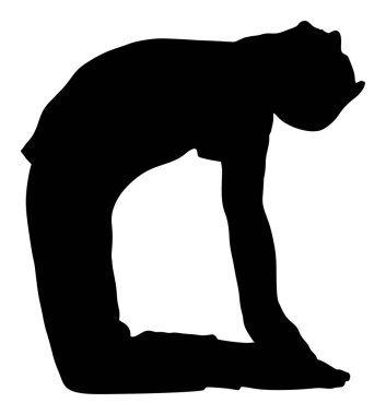 Spor adamı yoga silueti egzersizleri. Yoga poz vektör siluet illüstrasyon izole. Spor salonunda aktif çocuk esneme ve solucan. Sağlık faaliyeti. Rehabilitasyon merkezinde yatmak. Tıbbi tedavi.