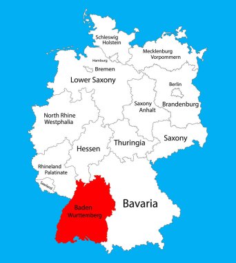 Baden-Wurttenberg eyalet haritası, Almanya, vektör haritası siluet illüstrasyon Almanya haritasında izole. Kullanılabilir boş vektör haritası. Almanya'da il. 