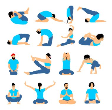 Yoga poses vector silhouette illustration isolated on white background. Woman and man exercises physiotherapy treatment in rehabilitation center. Gym healthy activity. Workout training, sport stretch.