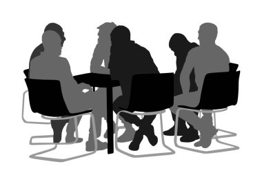 Young business people sitting and talking about new idea. IT partners meeting. Break relaxation after work in restaurant. Desk table chairs.  Group of friends drinking in bar after work. Social live.