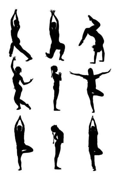 Yoga Poses Vector Silhouette Illustration Isolated White Background Woman Man — Stok Vektör