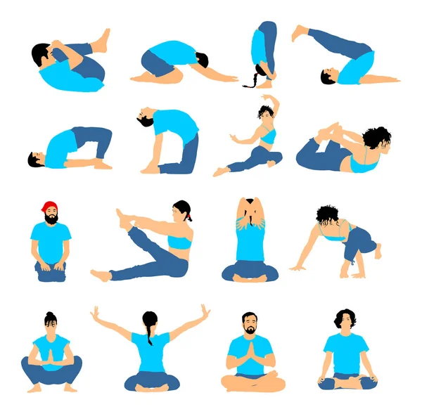 Yoga poses vector silhouette illustration isolated on white background. Woman and man exercises physiotherapy treatment in rehabilitation center. Gym healthy activity. Workout training, sport stretch.