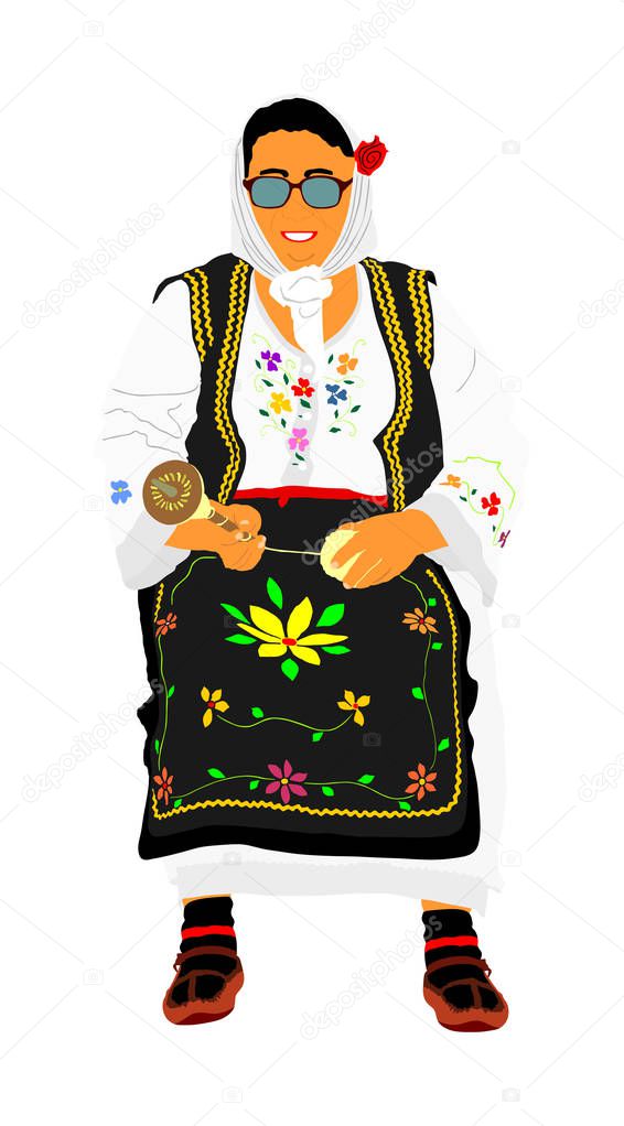 Woman in traditional Serbian dress vector illustration isolated. Serbia wears Balkan folklore culture. Knitting from a yarn. Knit hobby. Bulgarian national dress. Russian folk. Old craft skill textile