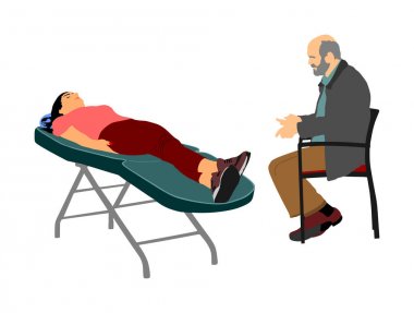 Terapist ofisinde psikoterapi seansı ve kanepedeki hasta hisleri vektör illüstrasyonu hakkında konuşuyor. Psikolog Danışmanlık ve bir hasta zihinsel duygusal sorun dinleme. Sağlık.