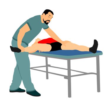 Fizyoterapist ve rehabilitasyon merkezinde egzersiz hasta, vektör illüstrasyon. Doktor fizyoterapi tedavisi sırasında sporcu destekler. Fiziksel egzersizler masaj ve chiropractic. Sağlık.