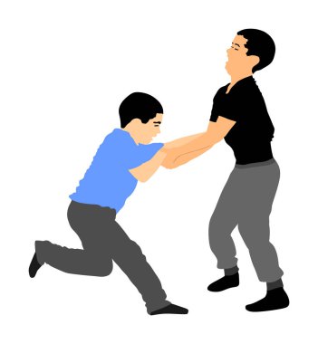 Two boys fighting vector silhouette. Two young brothers fight vector illustration. Angry kid terror. Street hitting and punching after school. Bully abused neighbor kid. Child problematic behavior. 