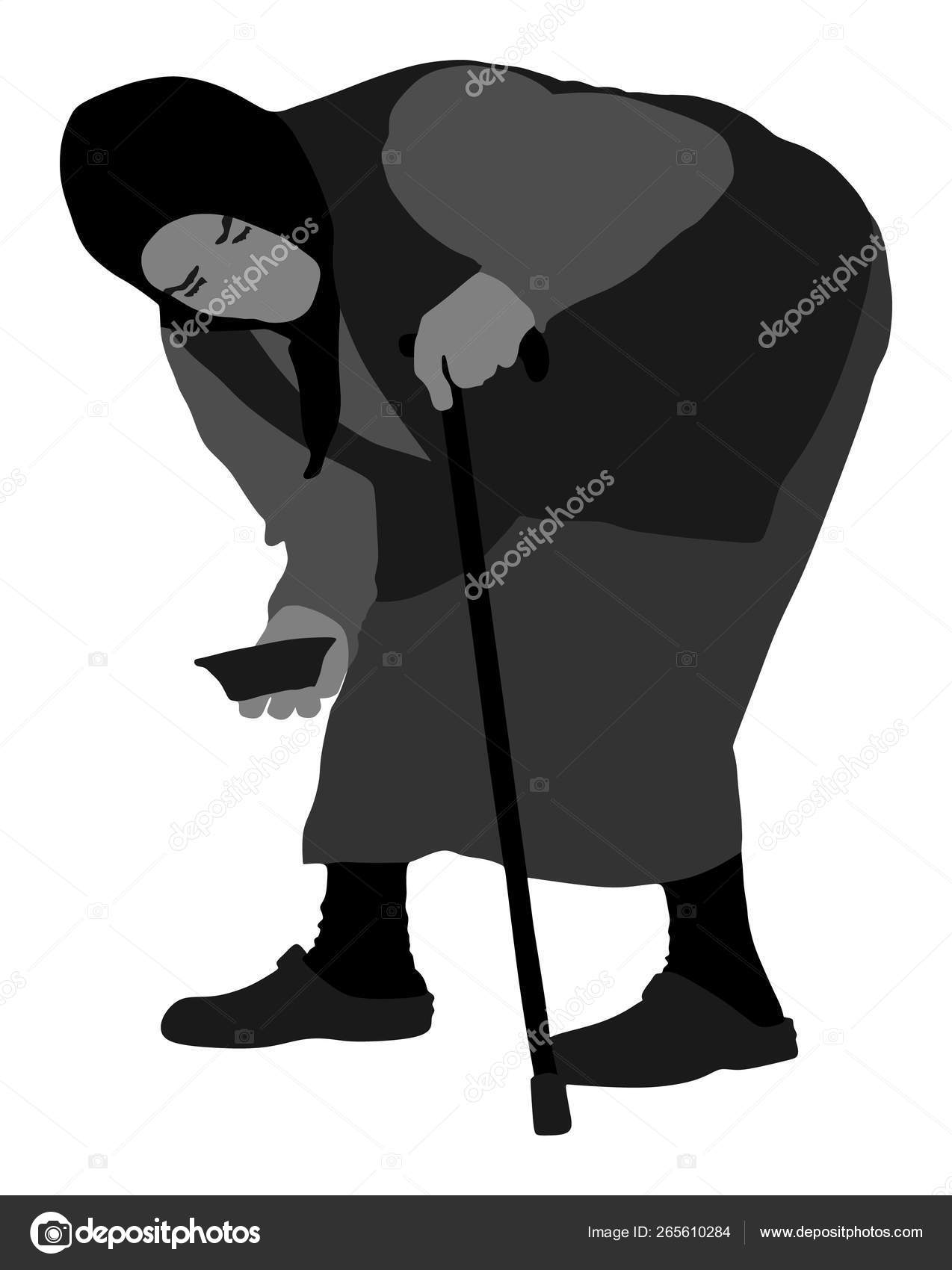 ストリートベクトルイラストのホームレス乞食 食べ物や助けを求める高齢者 松葉杖の障害を持つ老婦人はお金を乞う  無力なおばあちゃんは慈悲を乞う強い社会的シーン ストックベクター ©Dovla982 265610284, image size:1274x1700