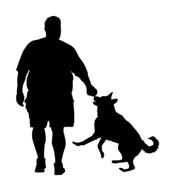 Şişman adam köpek vektör silueti ile yürüyor. Sağlık hizmetleri açık hava aktivitesi. Kilolu kişi sorun. Alman Çoban koşuyor ve sahibiyle oynuyor. Büyük çocuk yemek kalorisi hakkında düşünün. Zor taşıma.