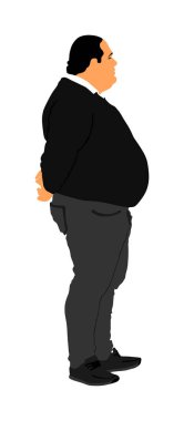 Şişman adam sağlık vektör illüstrasyon beyaz arka plan üzerinde izole endişe ediyor. Kilolu kişi sorun. Büyük çocuk yemek kalorisi hakkında düşünün. Hareket zorlukları. Nefes siz terli adam mola gerekir.