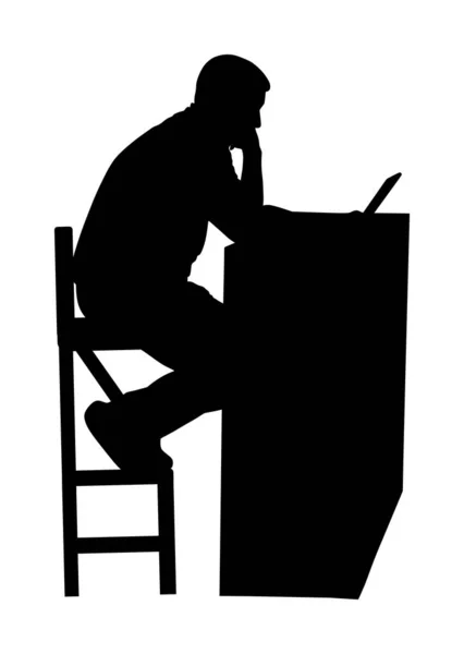 Man Sitting Working Computer Vector Silhouette Worker Internet Searching Seller — Stock Vector