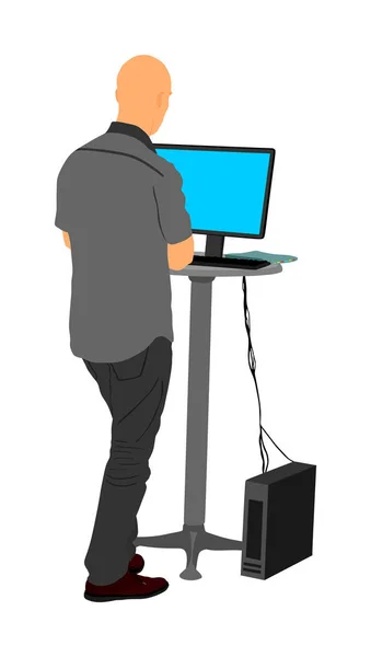 Człowiek Stoi Pracuje Komputerze Pracownik Internetu Wyszukiwania Sprzedawcy Sklepie Asystent — Wektor stockowy