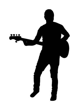 Gitarist vektör siluet illüstrasyon beyaz arka plan üzerinde izole. Sahnede popüler müzik süper yıldız. Gitar müzik aleti. Rock'n Roll konseri. Country club etkinliği. canlı kamu eğlence.