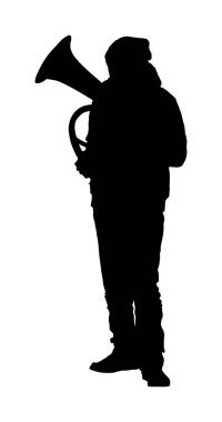 Tenor boynuzçalar vektör silueti. Müzik adamı nefesli çalgı çalıyor. Müzik sanatçısı. Cazcı saxhorn. Bugler sokak sanatçısı. Müzisyen trompet çalıyor. Halk için eğlence. Klasik müzik etkinliği.