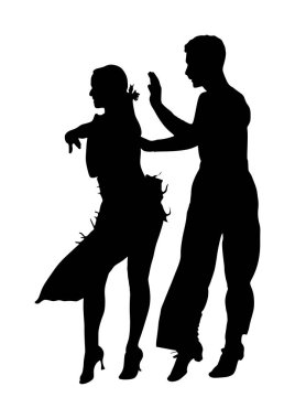 Elegance tango Latino dansçılar vektör siluet illüstrasyon beyaz arka plan üzerinde izole. Dans eden çift silueti. Partner dans salsa, kadın ve erkek aşık. bayan ve beyefendi dans tutkulu Latin Amerika salsa.