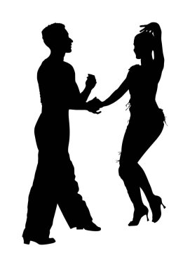Elegance tango Latino dansçılar vektör siluet illüstrasyon beyaz arka plan üzerinde izole. Dans eden çift silueti. Partner dans salsa, kadın ve erkek aşık. bayan ve beyefendi dans tutkulu Latin Amerika salsa.