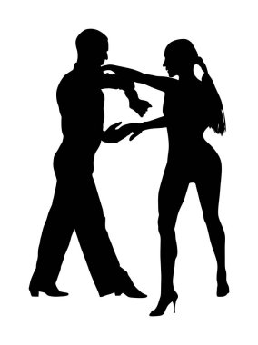Elegance tango Latino dansçılar vektör siluet illüstrasyon beyaz arka plan üzerinde izole. Dans eden çift silueti. Partner dans salsa, kadın ve erkek aşık. bayan ve beyefendi dans tutkulu Latin Amerika salsa.