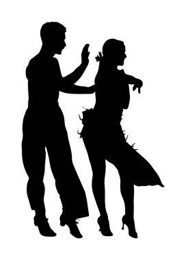 Elegance tango Latino dansçılar vektör siluet illüstrasyon beyaz arka plan üzerinde izole. Dans eden çift silueti. Partner dans salsa, kadın ve erkek aşık. bayan ve beyefendi dans tutkulu Latin Amerika salsa.