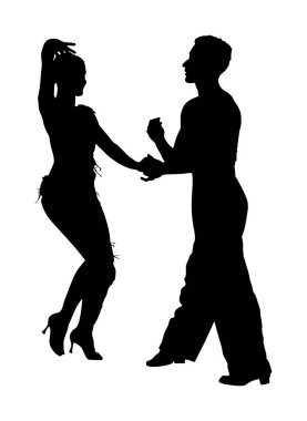 Elegance tango Latino dansçılar vektör siluet illüstrasyon beyaz arka plan üzerinde izole. Dans eden çift silueti. Partner dans salsa, kadın ve erkek aşık. bayan ve beyefendi dans tutkulu Latin Amerika salsa.