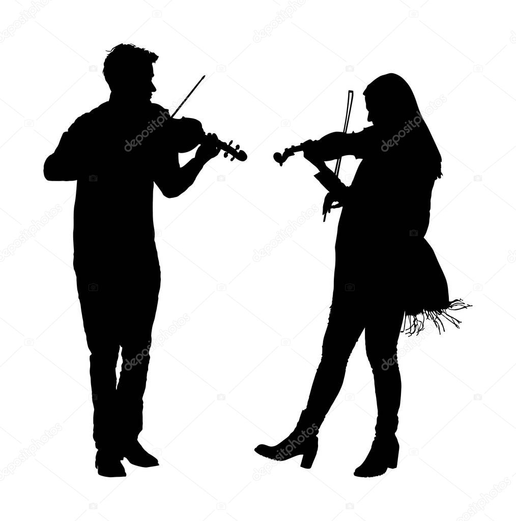 Young man and woman playing violin in duet vector silhouette isolated on white. Classic music performer concert. Musician artist amusement public. Virtuoso on violin. Girl plays string instrument.