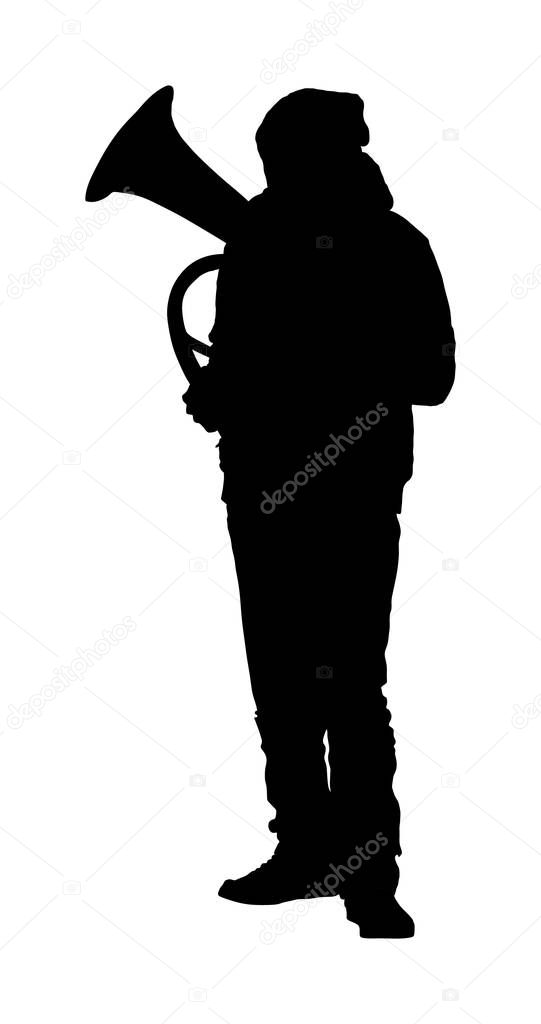 Tenor horn player vector silhouette. Music man play wind instrument. Music artist. Jazz man saxhorn. Bugler street performer. Musician play trumpet. Entertainment for public. Classic music event.