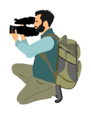 Konser video kamera ile Kameraman vektör illüstrasyon, spor olay, arka planda izole. Stüdyoda son dakika haberleri. Canlı yayın. Tv programı ekibi görevbaşında. Açık peyzaj muhabiri.