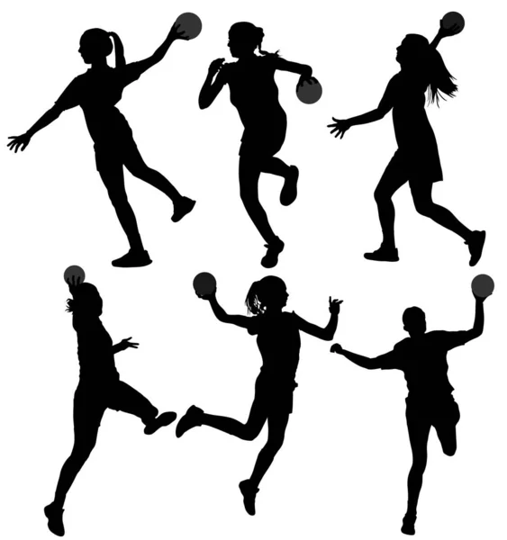 白い背景に隔離されたアクションベクトルシルエットイラストでハンドボール選手 女性ハンドボール選手のシンボル 空中でジャンプハンドボールの女の子 ハンドボール サッカー ゴールキーパーシルエットベクトル — ストックベクタ