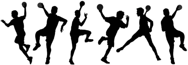 手球运动员在行动 攻击关闭在跳跃矢量剪影插图 优雅的身体运动身材 男孩黑影 动态运动员跳和射击罚球在目标 运动男子手球 — 图库矢量图片