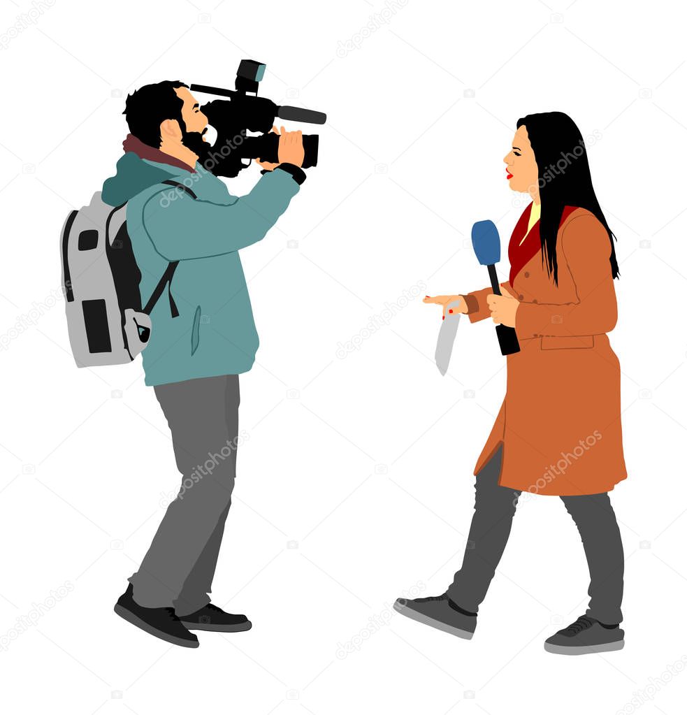 Journalist News Reporter Interview with camera crew vector illustration isolated. TV reporter interviewed people on street. Cameraman, light, sound assistant backup to presenter lady. Breaking news